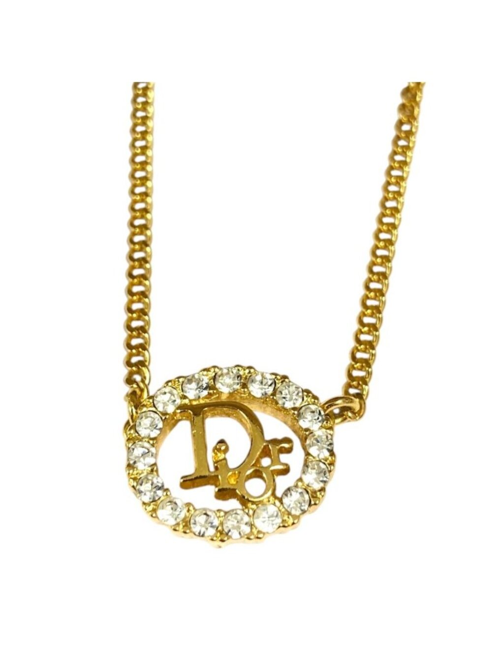 Dior Vintage Crystal Oval Logo Pendant Gold Colored